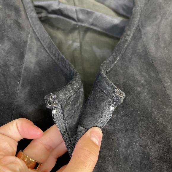 Vintage 90s Y2K Black Mini Dress Marquis Suede Bodycon Leather Dress Sz 6 Chrty - Picture 12 of 13